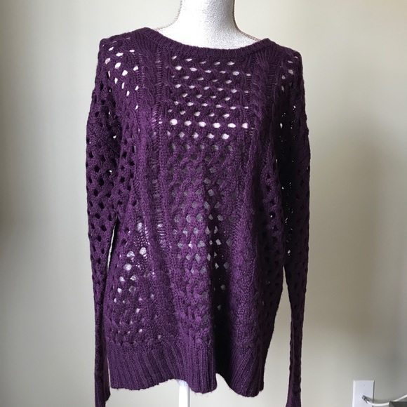 AQUA Dark Purple Open Weave Knit Sweater LARGE - Picture 7 of 8
